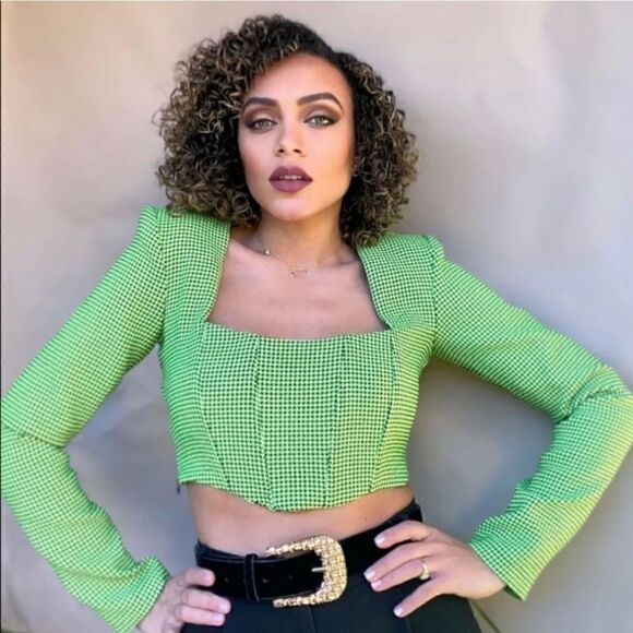 NWT Zara ❤️Bloggers Favorite Green Houndstooth Crop Top Size XS tweed te… - Picture 7 of 16